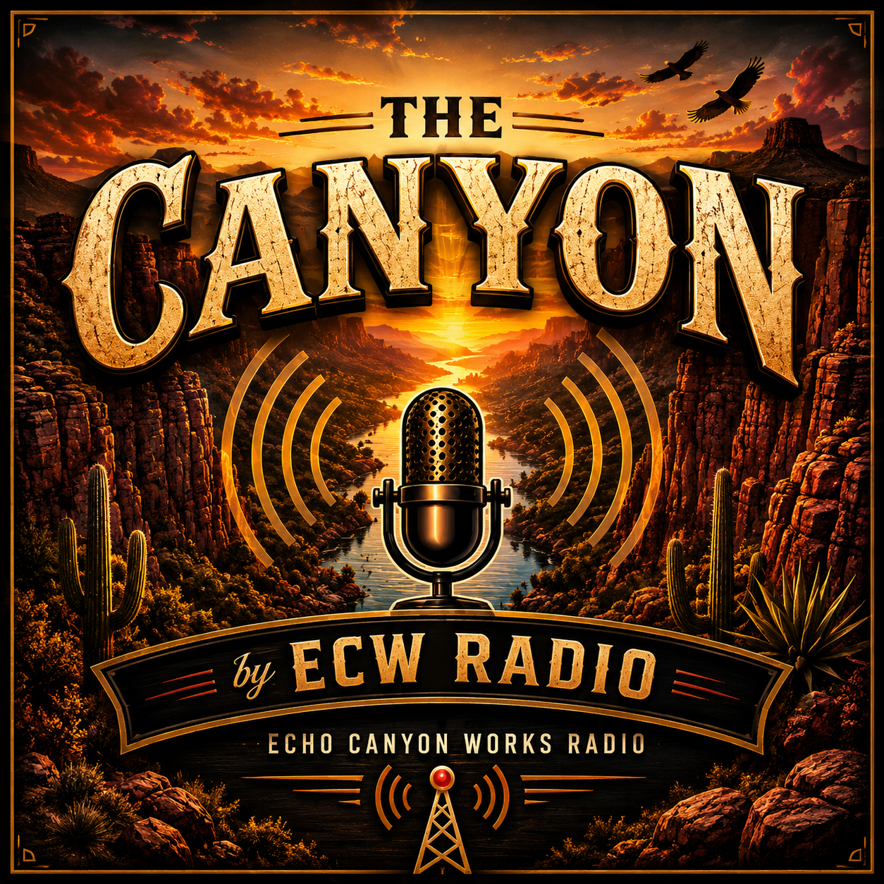 The Canyon by ECW Radio: golden canyon landscape and vintage radio microphone